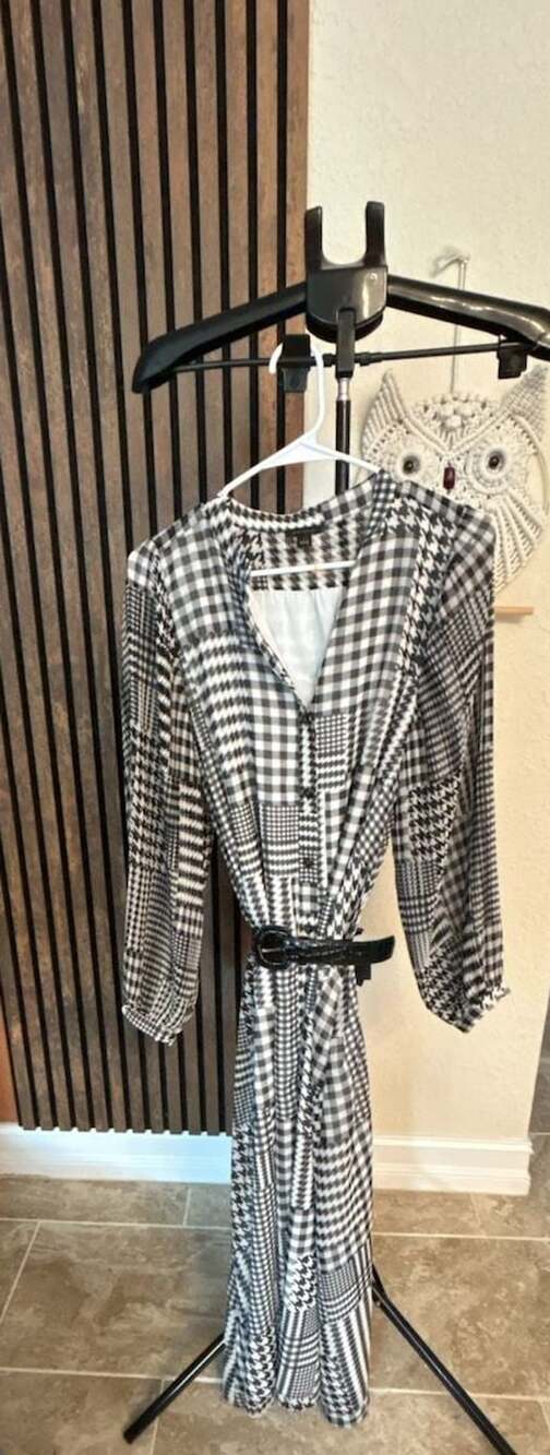 Ann Taylor Midi Dress Size L Black White Houndstooth Mixed Print Belted